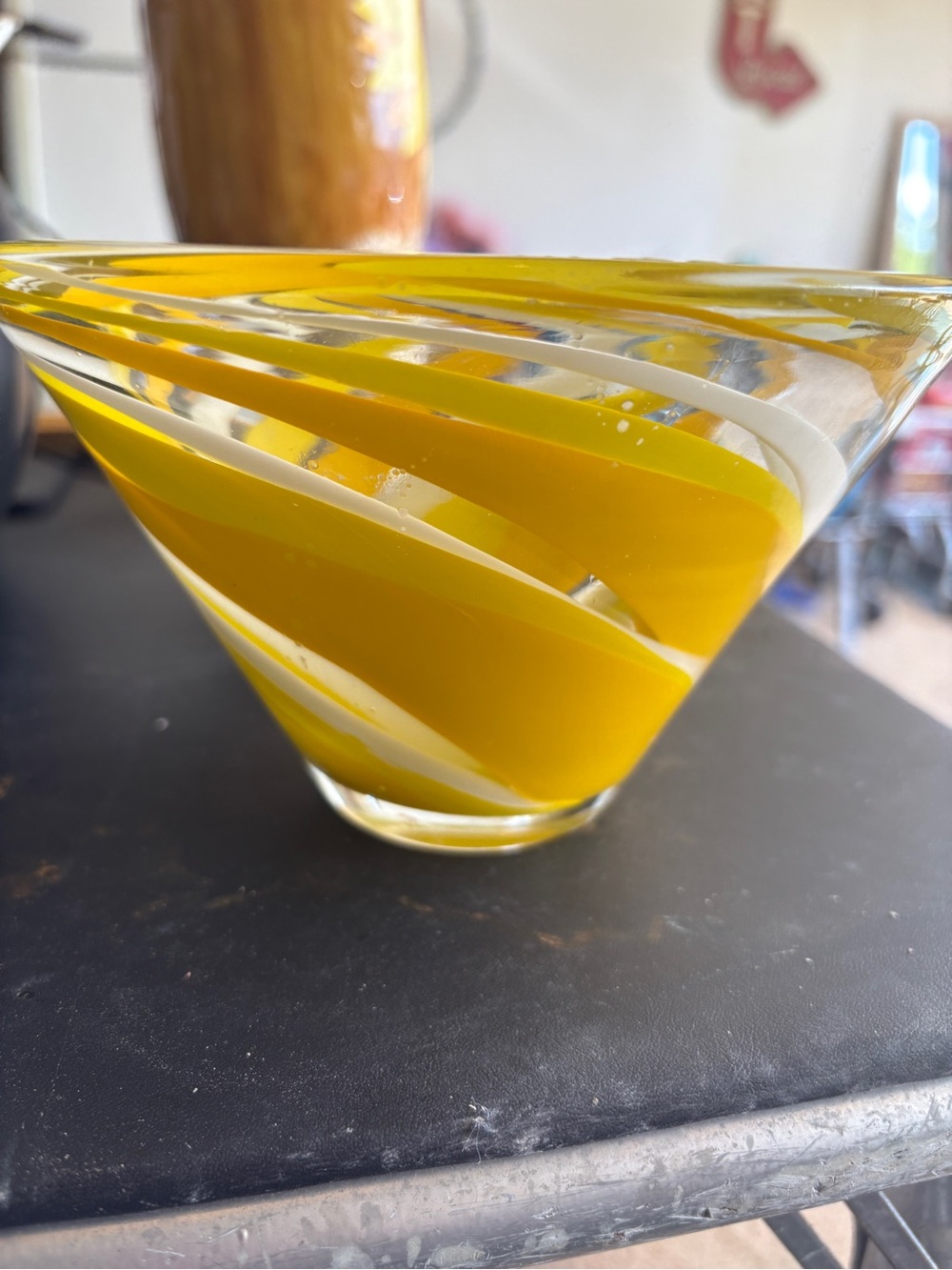 Yellow and White Handblown Swirl Glass Bowl